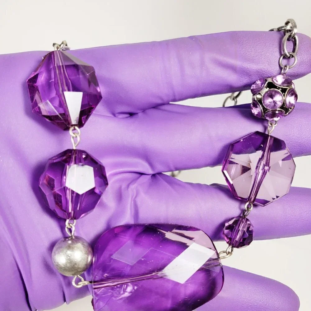 Women's Stunning Silver-tone & Purple Beaded Necklace - Matching Drop Earrings